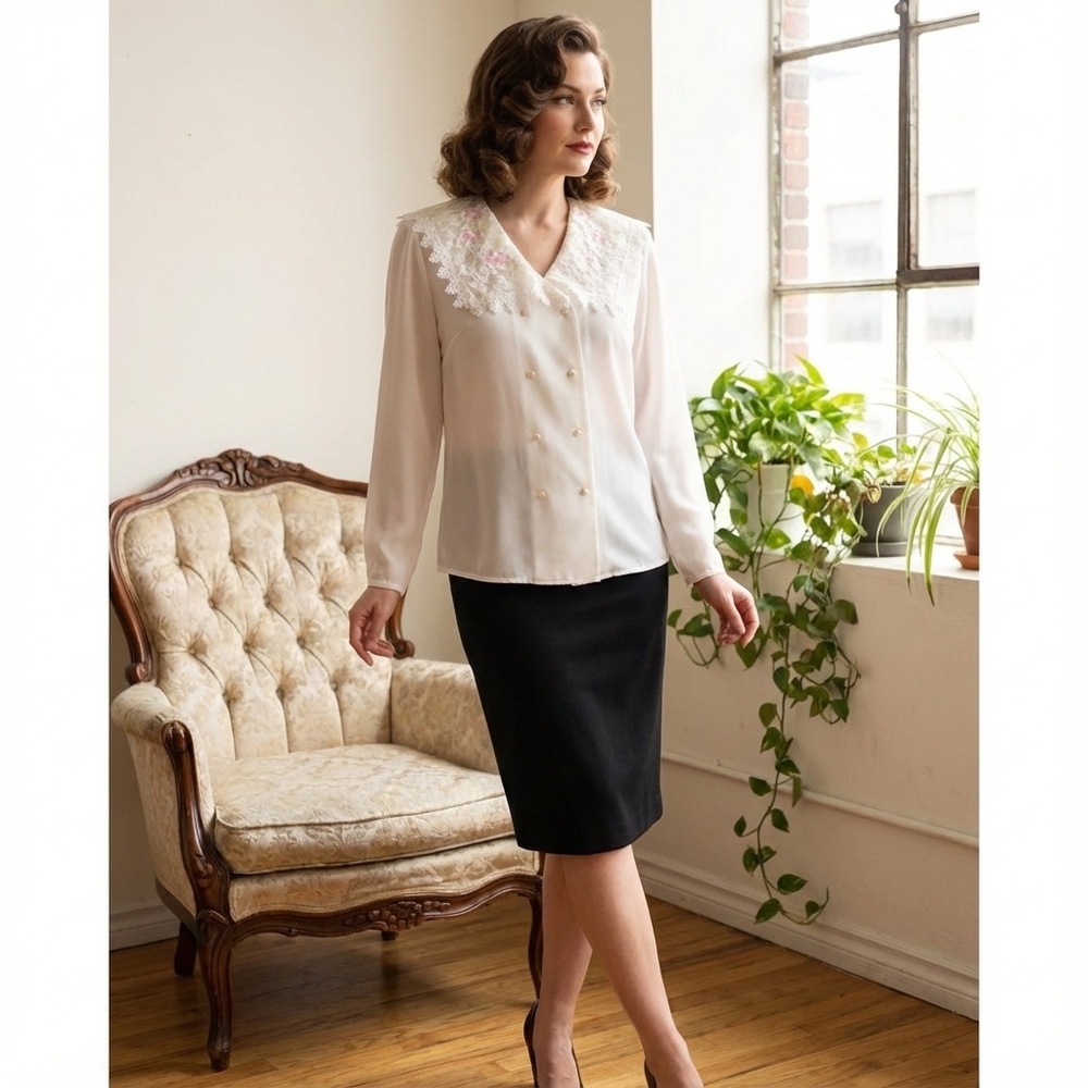 Vintage Nicola Lace Collar Blouse Made in Korea Size 4 Romantic Elegant